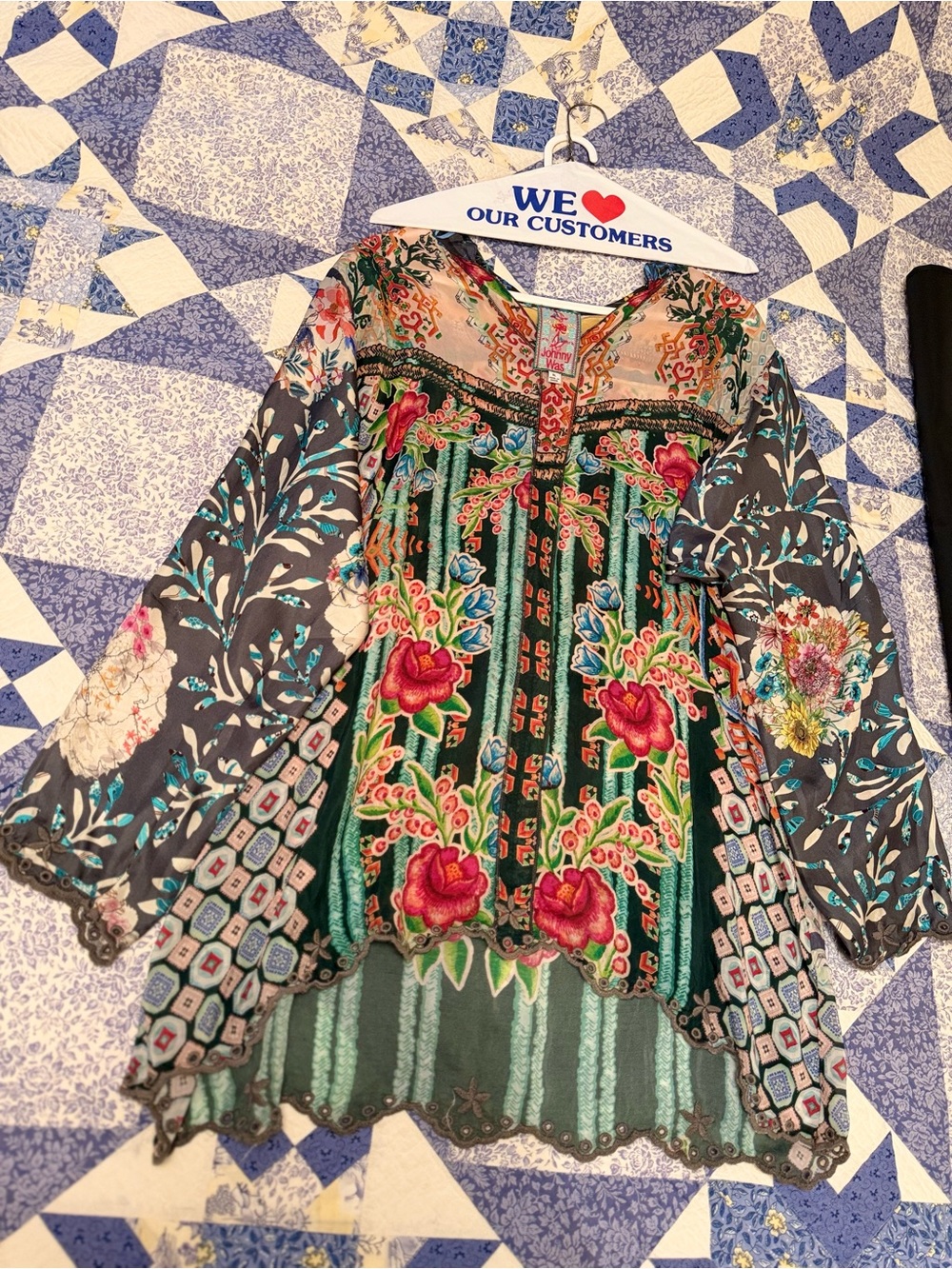 Johnny Was "Parnel" Floral Silk Tunic Blouse Geometric Trim - Size XL